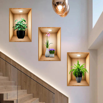 3D Plant Vase Wall Sticker 3Pcs